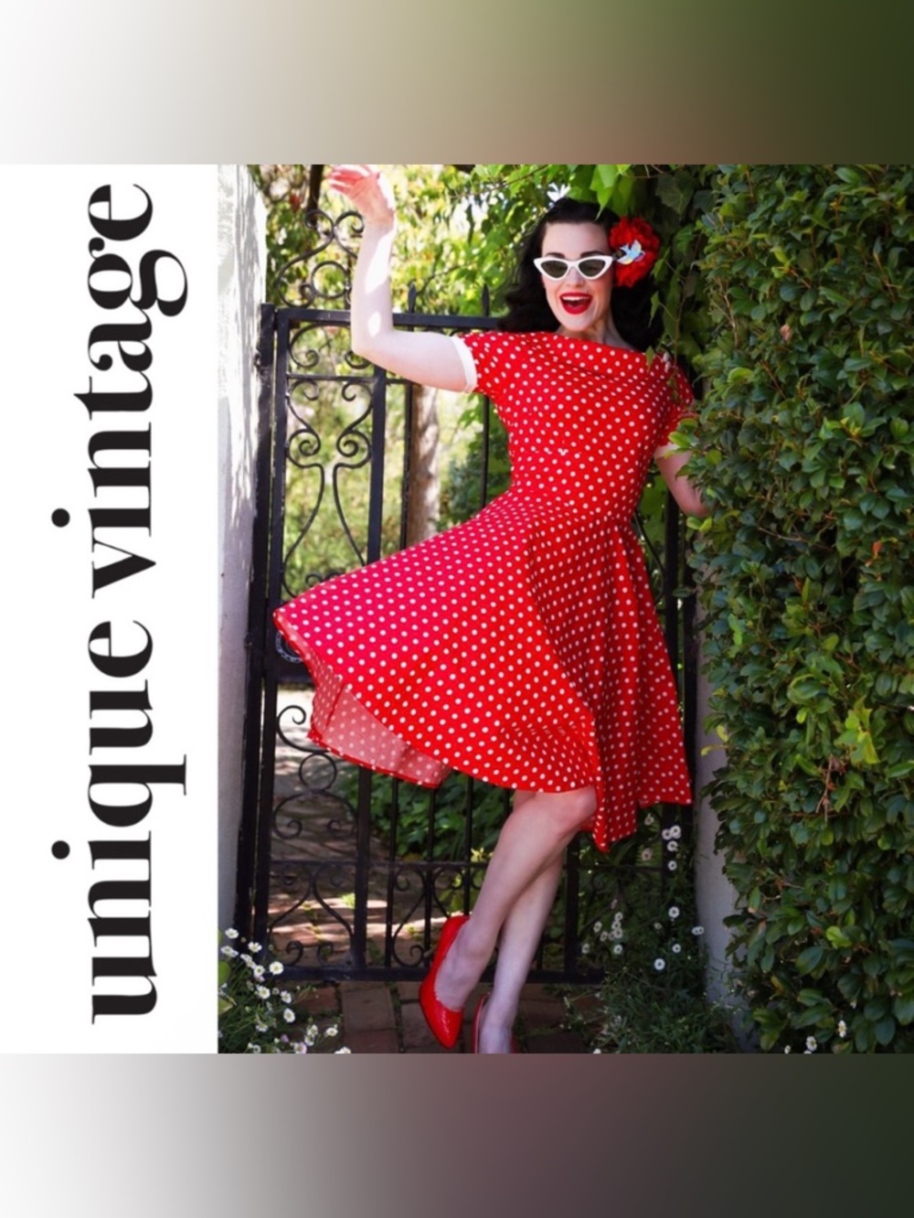 Unique Vintage Dolly and Dotty 50s Red Darlene Polkadot Swing Dress, NWT!